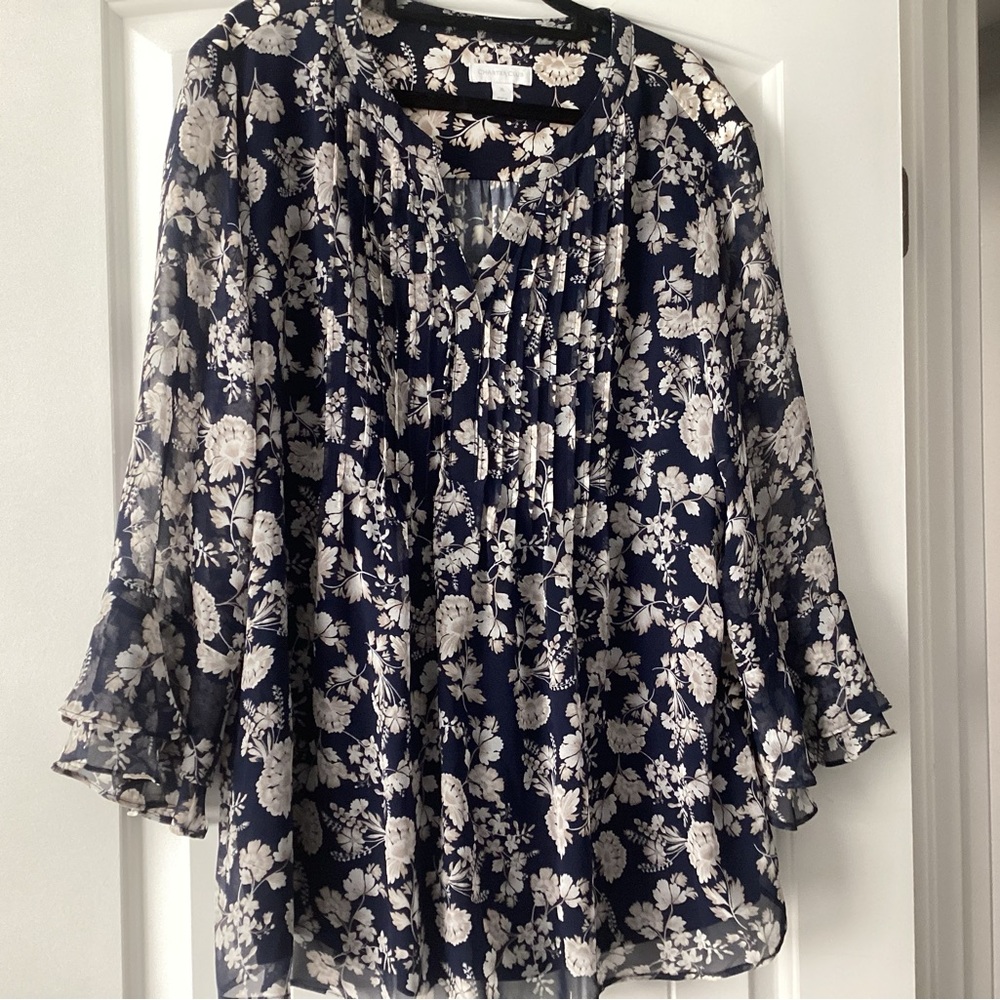 Charter Club Navy and White Floral Blouse